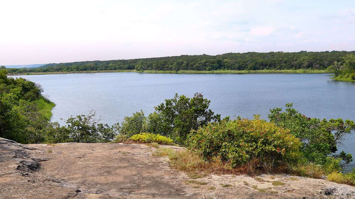 The view of Lake Meridian from Bee Ledge, a natural overlook in Meridian State Park in Bosque County, Texas.