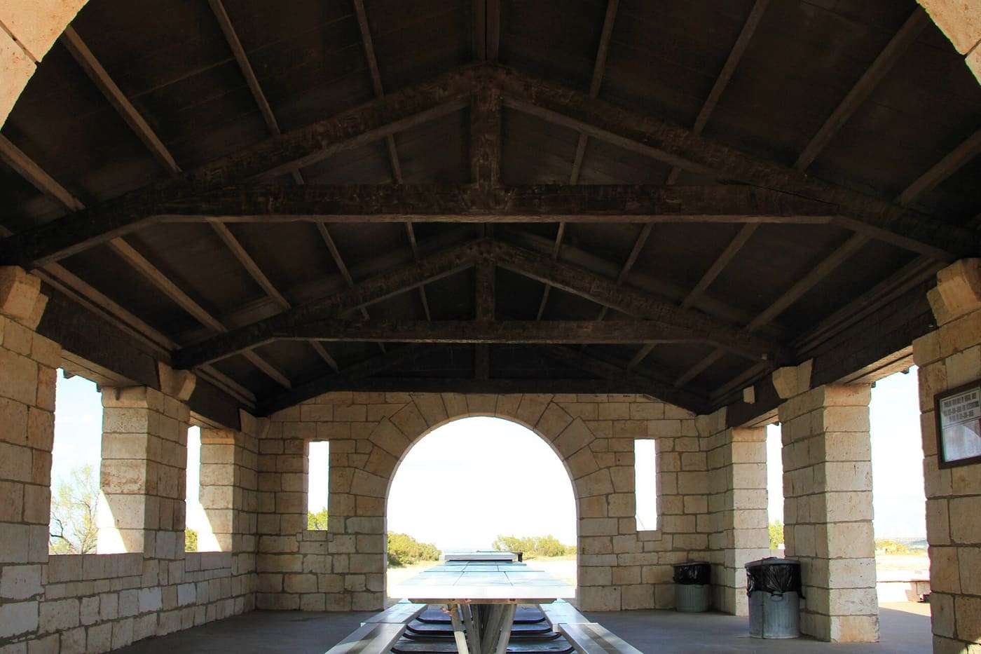The Big Spring State Park mountaintop overlook pavilion interior in Big Spring, Texas, United States. The Civilian Conservation Corps built the pavilion between