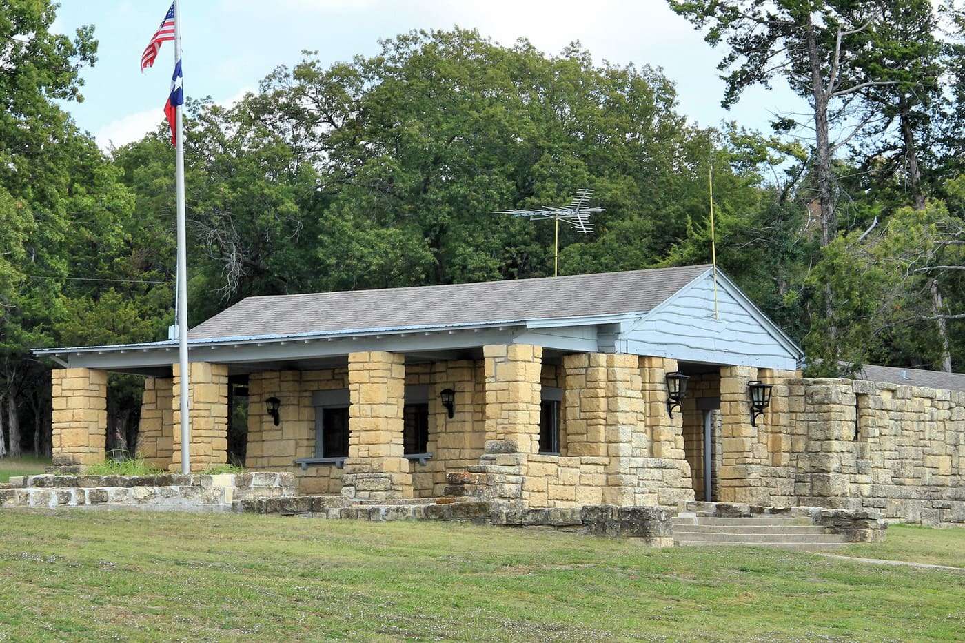 The Civilian Conservation Corps built concession building now serves as the park headquarters of Bonham State Park in Fannin County, Texas, United States.