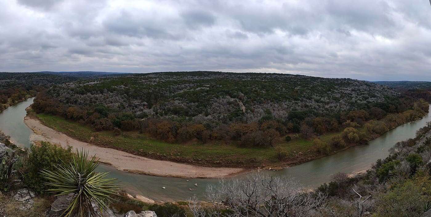 A panoramic view of the Colorado River in Colorado Bend State Park