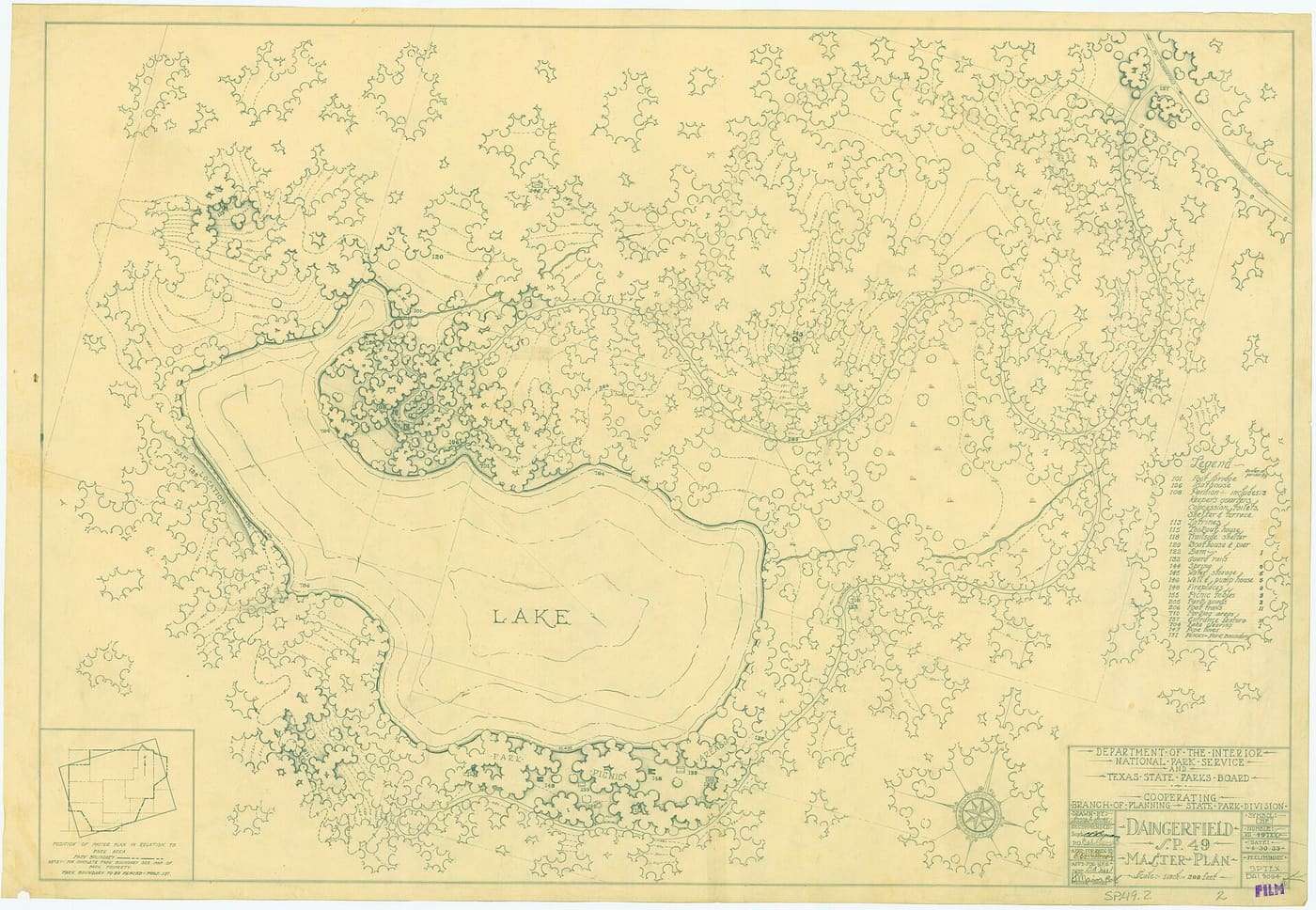 Title: Master Plan Specific Date: 4/30/1935 Architect: Jones, Ewing L., draftsman Remarks: Pencil on paper showing master plan, including lake, picnic areas, ro