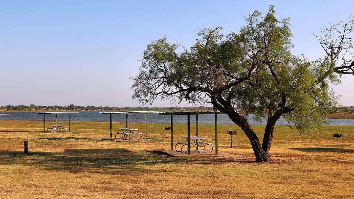 The day use area of Lake Arrowhead State Park in Wichita County, Texas, United States. Activities in the area include swimming, picnicking and fishing.