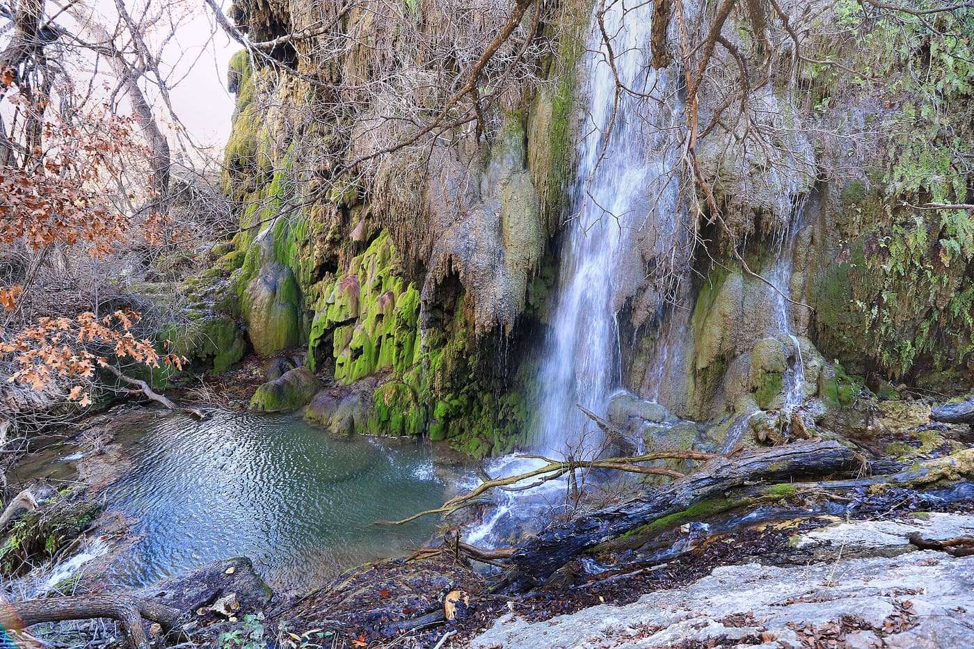 The base of Gorman Falls in Colorado Bend State Park , a 70-foot spring-fed waterfall. in San Saba County, Texas, United States.