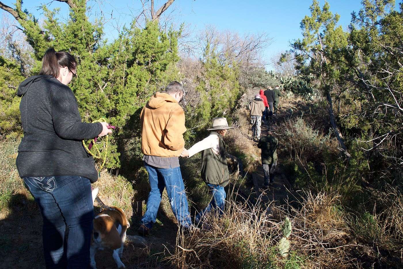 Participants on a trail during First Day Hike 2017, Lake Colorado City State Park, Texas.