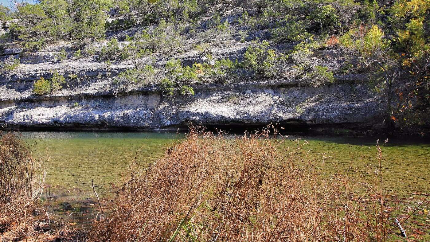 A bluff on Can Creek seen from the day use area in Lost Maples State Natural Area near Vanderpool, Texas, United States.