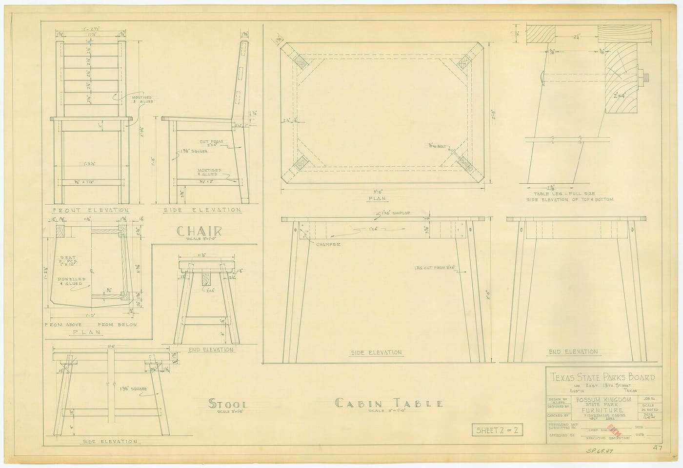 Title: Furniture Specific Date: 12/8/1944 Architect: Glass, draftsman Remarks: Pencil on paper showing furniture for fishermen's cabins, including cabin table (
