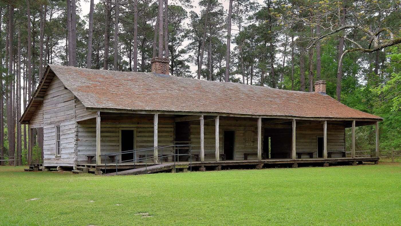 The log cabin home of the Rice Family in Mission Tejas State Park in Houston County, Texas, United States. The Rice's began building the cabin in 1828 and finis